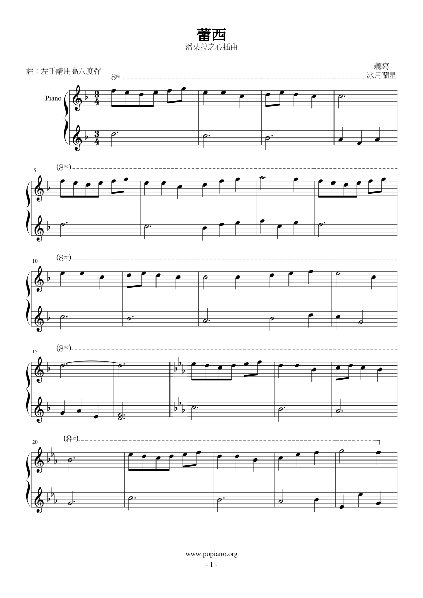 钢琴窝(五线谱,简谱 piano sheet music download 琴谱下载:潘朵拉