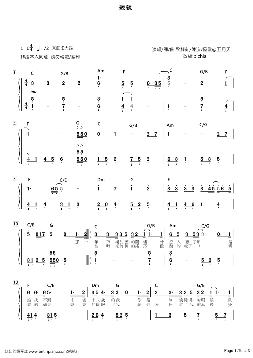 (五線譜,簡譜) piano sheet music download 琴譜下載:[簡譜]-梁靜茹