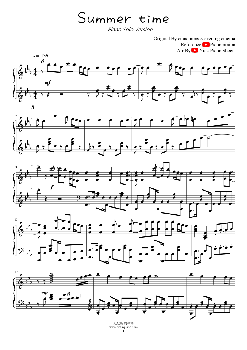 summertime — cinnamons & evening cinema Sheet music for Piano (Solo)